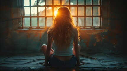 Tranquil Dawn Meditation with a Woman Contemplating the Sunrise,
A person who has overcome a personal conflict and found inner peace

