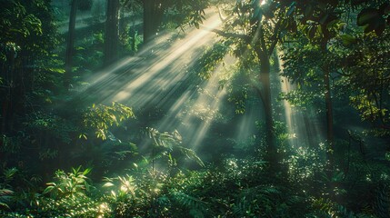 Obraz premium A dense forest with sunlight streaming through, representing hope and the promise of a new day.