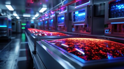 High-Tech Data Center with Advanced Servers and Glowing LED Displays in a Modern Facility