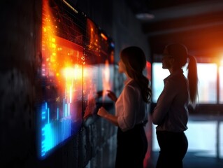Business Professionals Analyzing Data on Interactive Digital Screens in a Modern Office Environment