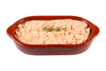 homemade chicken stroganoff in ceramic bowl isolated on white background