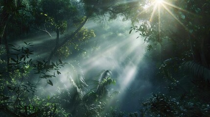 A dense, misty forest with sunlight breaking through, representing hope and clarity amidst confusion.