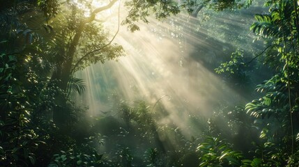 Obraz premium A dense, misty forest with sunlight breaking through, representing hope and clarity amidst confusion.