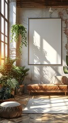 Minimalist Aluminum Frame Mockup in Scandinavian Inspired Home Office with Digital Brush Strokes