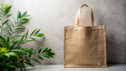 Rustic woven tote bag with leafy greenery background, plenty of blank space for text, promoting eco-friendly and zero-waste lifestyle.