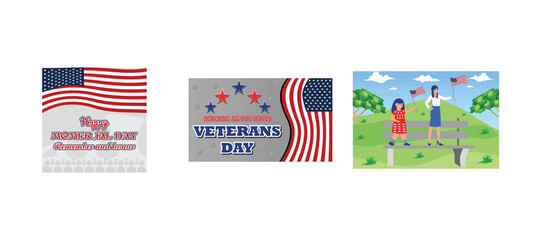 Greeting card with flags and soldiers. Happy Veterans Day concept made of American flags. A group of two adorable little girls smiling and waving an American flag. Set flat vector modern illustrations