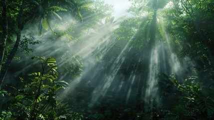 Obraz premium A dense, misty forest with sunlight breaking through, representing hope and clarity amidst confusion.