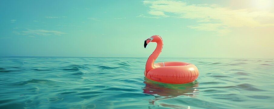 Pink inflatable flamingo float on serene ocean water under a clear sky