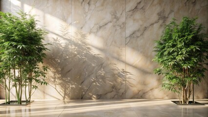 Sleek beige wall adorned with blurred foliage shadow juxtaposed against refined marble floor evoking simplicity and serenity in modern space.