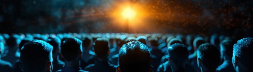 Audience Watching a Bright Light Show in a Dark Theater with Blue Ambient Lighting