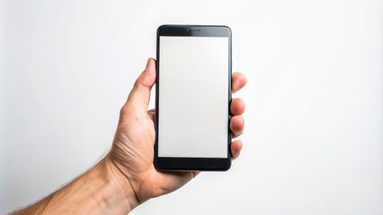 A solitary black smartphone with blank screen resting in an isolated hand, juxtaposed against a pristine white background, exuding minimalism.