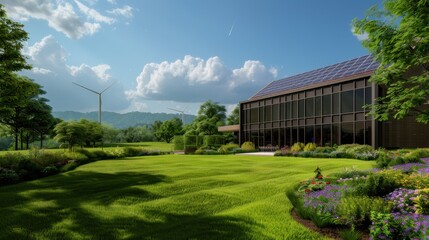 Naklejka premium Modern Eco-Friendly House with Solar Panels and Wind Turbines in a Lush Green Landscape