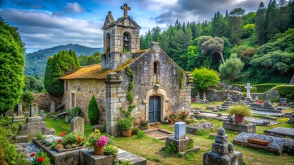 Fototapeta premium Ancient Church of Santa Leocadia de Parga surrounded by centuries-old gravestones and overgrown vegetation in eerie silence.