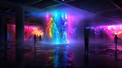 Immersive Digital Art Installation with Vibrant Colors and Interactive Light Displays in a Modern Gallery Space