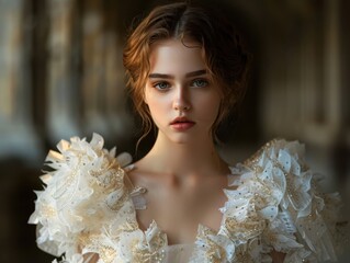 Fototapeta premium Elegant Young Woman in Vintage White Dress with Floral Details in a Historic Setting