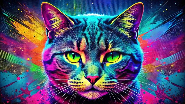 Fierce scowling cat with vibrant neon colors, distorted retro photocopy aesthetic, and textured grunge grain, ideal for edgy fashion designs.