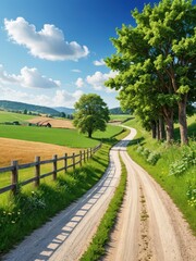 Fototapeta premium Country Road Winding Through Green Fields.