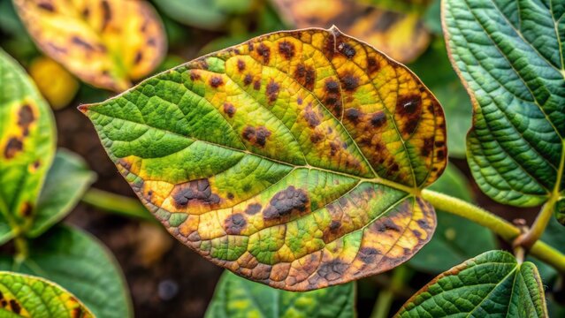 Close-up of infected soybean plant leaf showing brown and black spots caused by Cercospora leaf blight disease in agriculture.