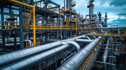 Fototapeta premium A detailed view of an industrial complex featuring steel pipes and structures, set against a cloudy sky.