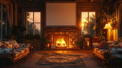 Cozy Cottage Living Room With Floral Upholstery and Antique Side Tables Under Sunset Glow