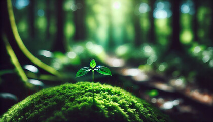  A serene close-up of three small, vibrant green seedlings growing on a lush moss bed in a forest environment.