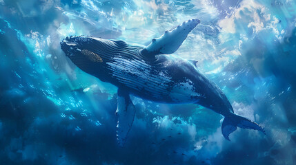 Fototapeta premium Artistic Style Painting of A Whale Swimming in the Ocean Aspect 16:9