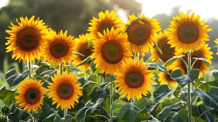 Obraz premium A field of sunflowers all facing towards the sun, symbolizing positivity and looking towards the light.