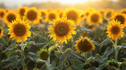 Fototapeta premium A field of sunflowers all facing towards the sun, symbolizing positivity and looking towards the light.