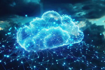 A futuristic digital hub with blue and cyan LED lights illuminating the environment.