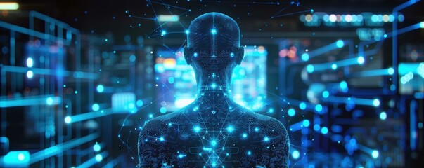 A dynamic digital landscape composed of flowing waveforms and clusters of glowing blue and orange particles, symbolizing data and connectivity.