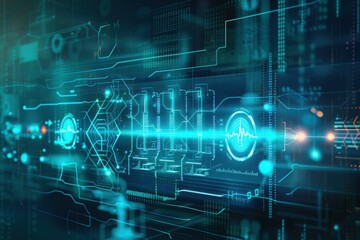 Obraz premium A futuristic interface with holographic displays, depicting high-tech data analysis and integration in various applications with neon blue lights and dynamic visual elements.