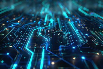 A futuristic interface with holographic displays, depicting high-tech data analysis and integration in various applications with neon blue lights and dynamic visual elements.