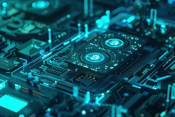 Fototapeta premium A close-up view of a computer motherboard with blue and cyan LED lights, featuring digital currency symbols.