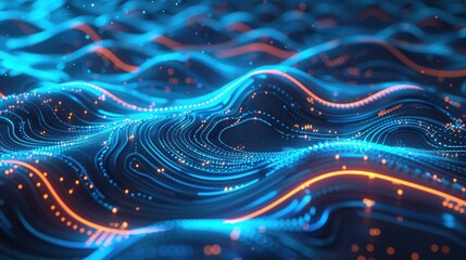 A modern server room with blue and cyan LED lights illuminating the environment.