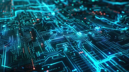 A modern futuristic cityscape with blue and cyan LED lights illuminating skyscrapers and buildings.