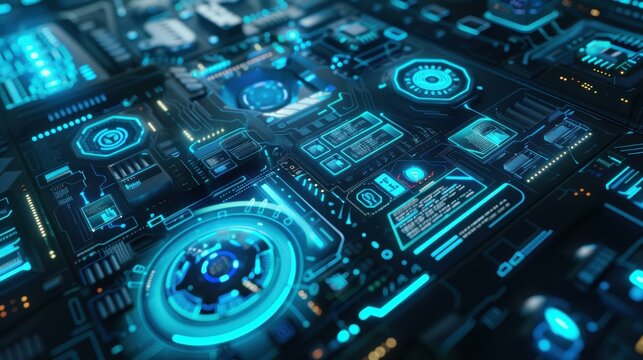 A futuristic interface with holographic displays, depicting high-tech data analysis and integration in various applications with neon blue lights and dynamic visual elements.