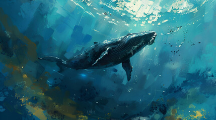 Fototapeta premium Artistic Style Painting of A Whale Swimming in the Ocean Aspect 16:9