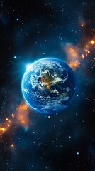 Fototapeta premium The earth in space with stars and a bright sun.