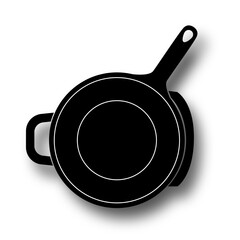 Silhouette of a frying pan in black and white illustration style, as a cooking tool and one of the kitchen utensils