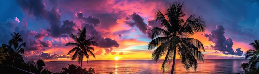 A tropical sunset with vibrant colors in the sky, the sun setting over the ocean, and palm trees silhouetted in the foreground