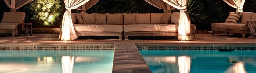 Obraz premium Poolside cabana with soft cushions and curtains, romantic evening setting, serene and peaceful, Pool party concept, No people