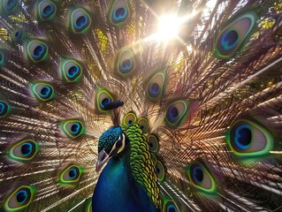 Obraz premium Closeup of peacock feathers with sunlight streaming through, highlighting their rich colors and intricate patterns