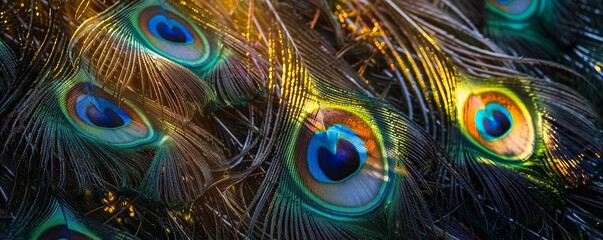 A detailed view of peacock feathers illuminated by sunlight, highlighting their vibrant colors and intricate patterns