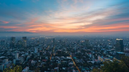 A panoramic view of a city during twilight, with the sky transitioning from day to night and the buildings starting to light up