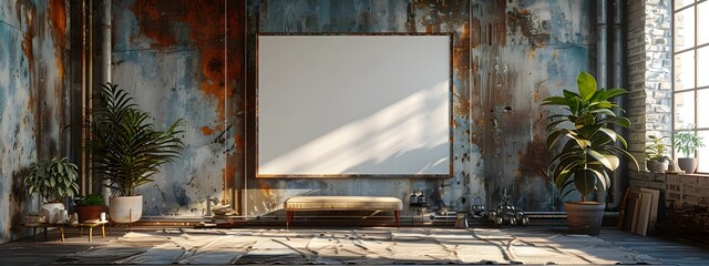 Fototapeta premium Moody Backdrop Frame Mockup on Distressed Wood Wall with Dramatic Shadows
