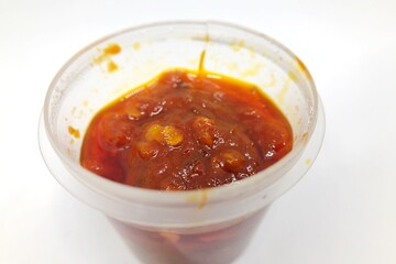 Close-up of red chili sauce