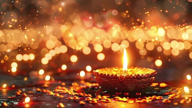 Graphic resource happy Diwali lighting background. flat way one Dilwali lamp vestifal with flower and background blur bokeh