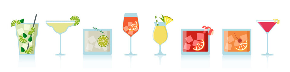 Set of popular classic cocktails. Different alcoholic drinks in various glasses. Vector illustration of soft and alcohol beverages. © Seanprai