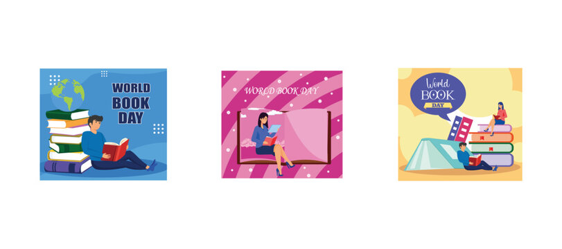 Concept of Book Week or World Book Day. A girl reads a fantasy book against the background of a large book. World Book Day. Set flat vector modern illustration