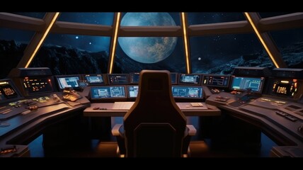 Futuristic spaceship cockpit interior with a view of space station and stars. A large spaceship window show view of space and modern cockpit with control panel with glowing light. Technology. AIG35.